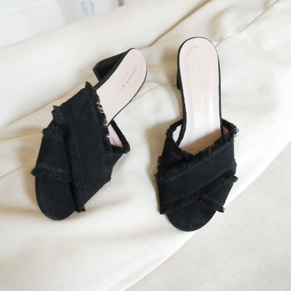 Patricia Green Kate Fringe Mule Sandal heel made in Spain black suede womens 6 - Picture 1 of 11